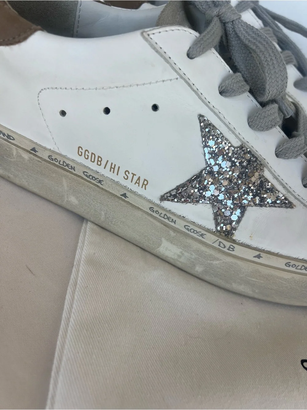 Golden Goose White Leather Sneakers with Silver Glitter Star and Brown Heel